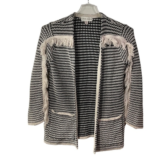 Knox Rose Black & Beige Tan Fringed Knit Cardigan Sweater XS - Picture 1 of 9
